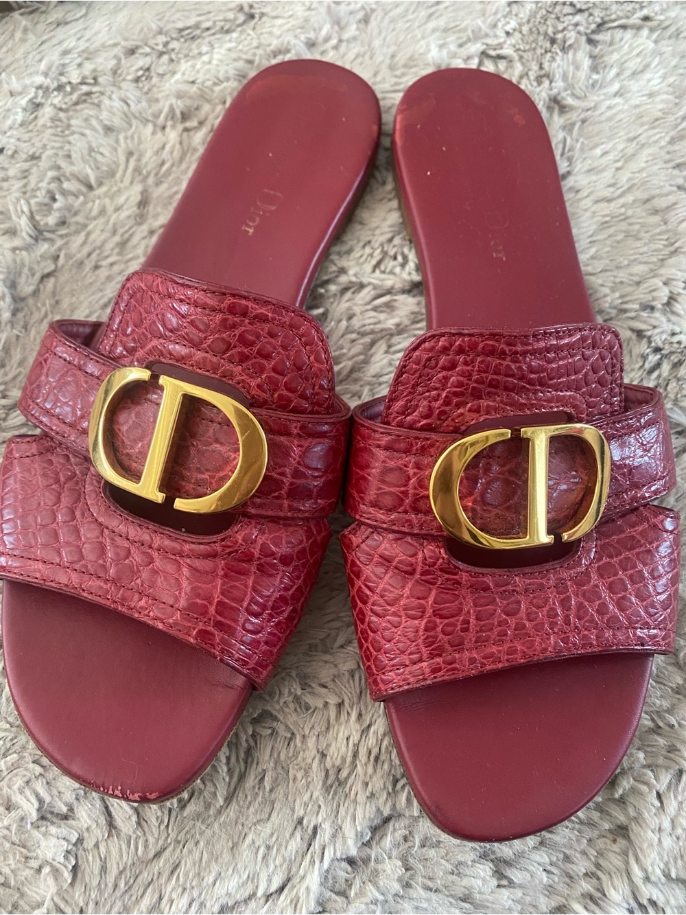 Dior 30 Montaigne Croc-Embossed Slide Sandals with Gold CD Hardware Size 39